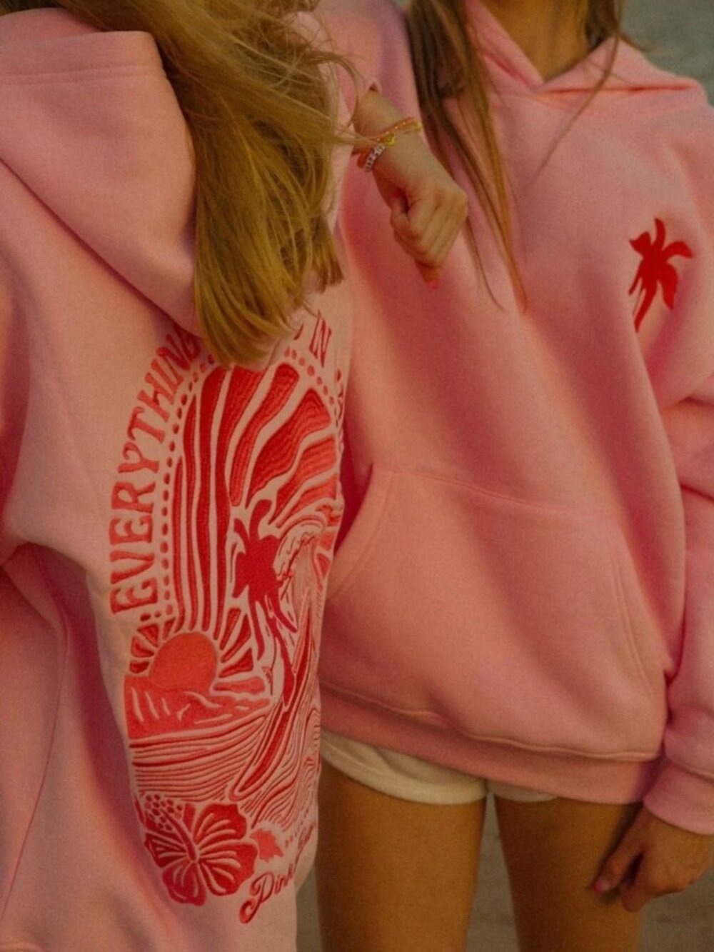 Pink Palm Puff Everything Comes in Waves Hoodie in Pink, Size Large